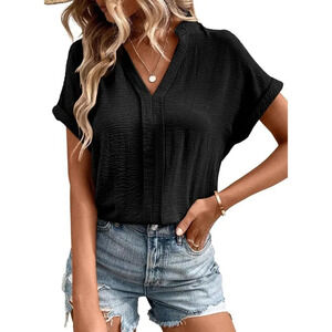 Womens Black Fashion Tops Business Casual Outfits V Neck Ruffle Sleeve Blouses